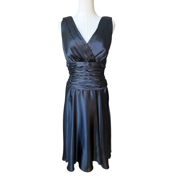Vintage Maggy Boutique Satin Cocktail Dress Size 6 V Neck Ruched Slimming Black - Picture 1 of 7